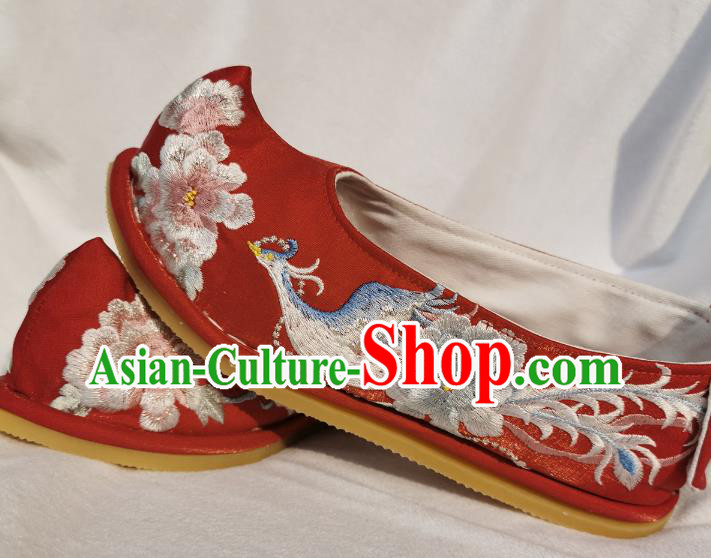 Handmade Chinese Traditional Wedding Hanfu Shoes Embroidered Phoenix Peony Shoes Red Satin Bow Shoes