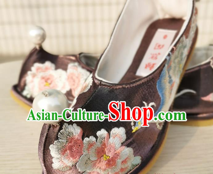 Handmade Chinese Embroidered Phoenix Peony Shoes Brown Satin Bow Shoes Traditional Wedding Hanfu Shoes