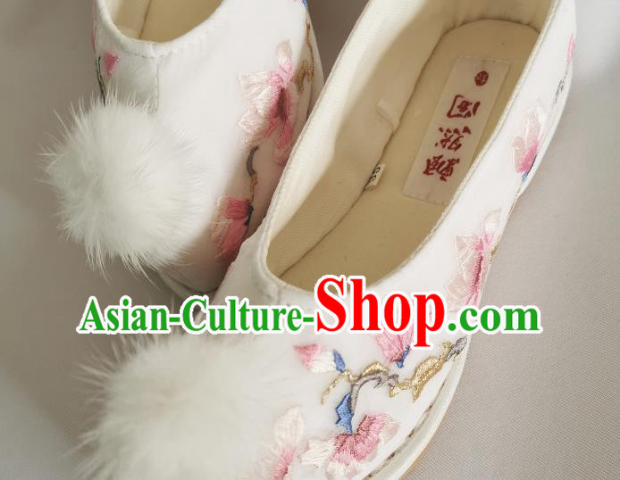 Handmade Chinese Traditional Hanfu Shoes Embroidered Mangnolia Shoes White Bow Shoes