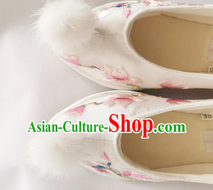 Handmade Chinese Traditional Hanfu Shoes Embroidered Mangnolia Shoes White Bow Shoes