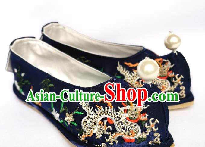 Handmade Chinese Royalblue Satin Bow Shoes Traditional Hanfu Shoes Embroidered Dragon Shoes