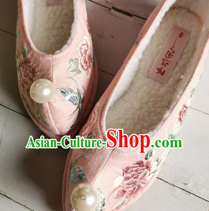 Handmade Chinese Traditional Cloth Shoes Princess Shoes Bow Shoes Embroidered Peony Pink Shoes