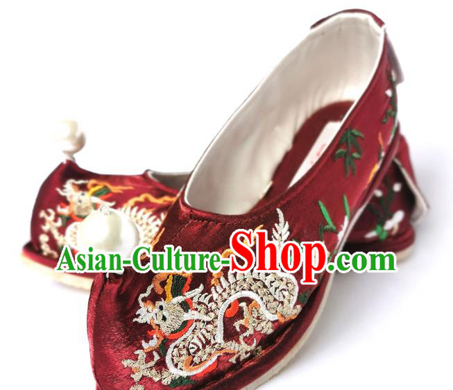 Handmade Chinese Traditional Hanfu Shoes Embroidered Dragon Shoes Wine Red Satin Bow Shoes