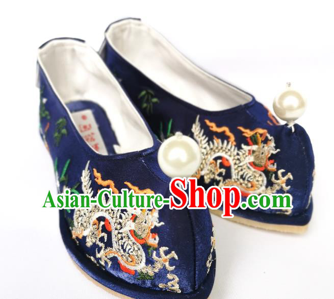 Handmade Chinese Royalblue Satin Bow Shoes Traditional Hanfu Shoes Embroidered Dragon Shoes