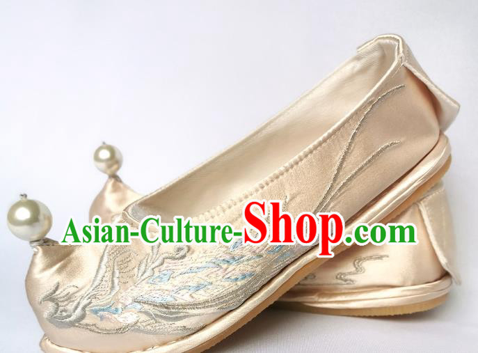 Handmade Chinese Embroidered Phoenix Shoes Light Golden Satin Bow Shoes Traditional Hanfu Shoes