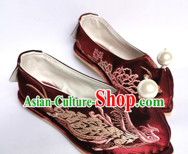 Handmade Chinese Wine Red Satin Bow Shoes Traditional Hanfu Shoes Embroidered Phoenix Shoes