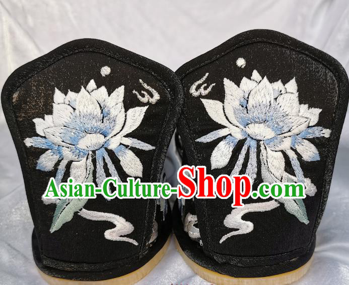 Handmade Chinese Traditional Hanfu Princess Shoes Black Satin Shoes Embroidered Epiphyllum Shoes