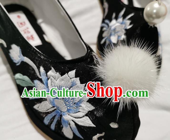 Handmade Chinese Embroidered Epiphyllum Shoes Traditional Hanfu Princess Shoes Black Satin Shoes
