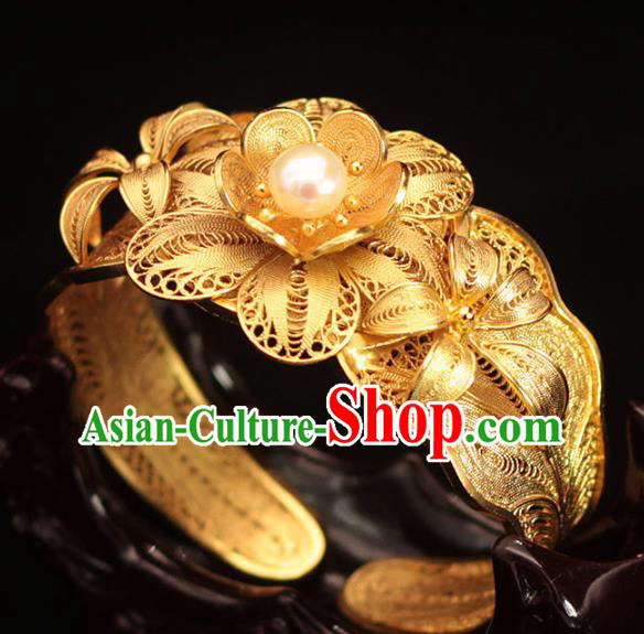 Handmade Chinese Ancient Palace Golden Bangle Jewelry Traditional Ming Dynasty Court Pearl Bracelet