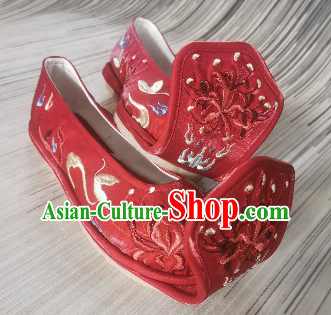 Handmade Chinese Embroidered Shoes Traditional Han Dynasty Red Satin Shoes Princess Shoes Bow Shoes