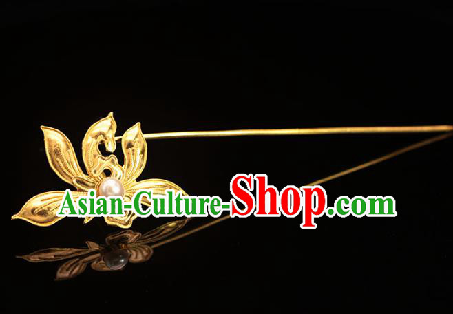 China Ming Dynasty Court Hairpin Traditional Hair Accessories Ancient Empress Golden Orchids Hair Stick