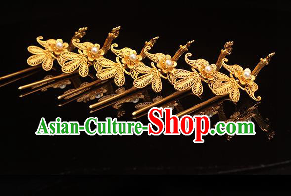 China Ming Dynasty Golden Phoenix Hairpin Traditional Hair Accessories Ancient Empress Pearl Hair Stick