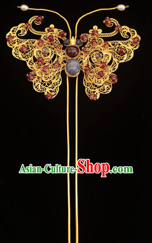 China Ancient Empress Blue Stone Hair Stick Traditional Hair Accessories Ming Dynasty Garnet Beads Butterfly Hairpin