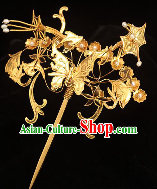 China Qing Dynasty Pearls Hairpin Traditional Hair Accessories Ancient Palace Lady Golden Butterfly Hair Stick