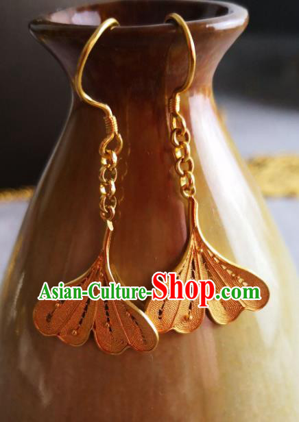 Chinese Ancient Princess Ear Accessories Traditional Ming Dynasty Golden Ginkgo Leaf Earrings