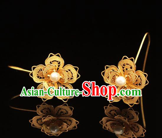 Chinese Ancient Princess Pearl Ear Accessories Traditional Ming Dynasty Golden Plum Blossom Earrings