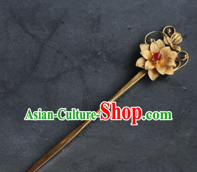 China Ming Dynasty Golden Lotus Hairpin Traditional Hair Accessories Ancient Princess Hair Stick