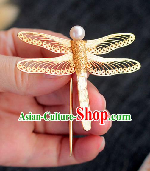 China Ancient Empress Filigree Hair Stick Traditional Hair Accessories Ming Dynasty Golden Dragonfly Hairpin
