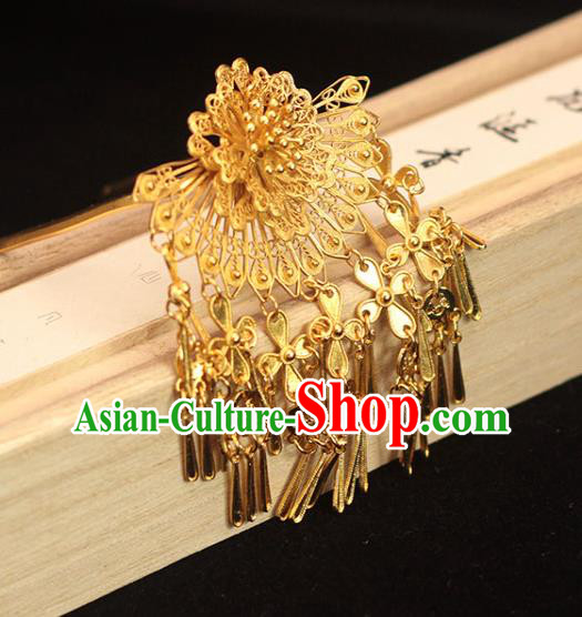 China Ancient Empress Golden Tassel Hairpin Traditional Ming Dynasty Filigree Peony Hair Stick