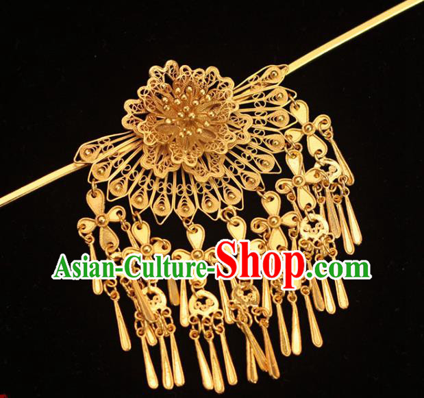 China Ancient Empress Golden Tassel Hairpin Traditional Ming Dynasty Filigree Peony Hair Stick