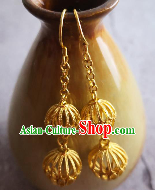 Chinese Ancient Palace Lady Ear Accessories Traditional Ming Dynasty Court Golden Gourd Earrings