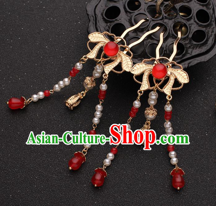 China Ancient Princess Hair Accessories Traditional Hanfu Red Beads Tassel Hairpins