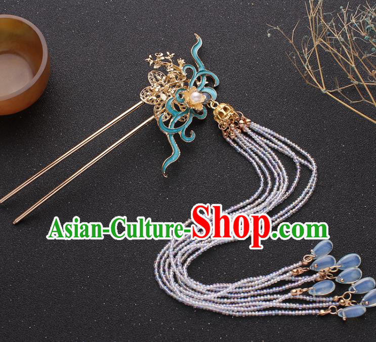 Traditional China Ming Dynasty Blueing Hair Stick Ancient Princess Beads Tassel Hairpin
