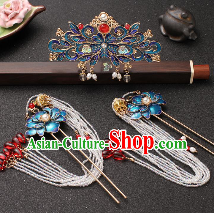 Traditional China Ming Dynasty Blueing Hair Stick Ancient Princess Beads Tassel Hairpin