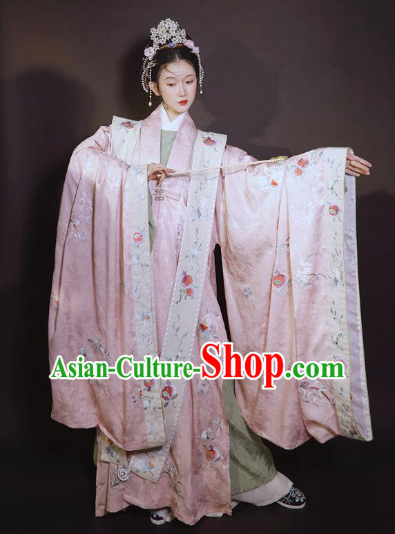 China Ancient Ming Dynasty Wedding Historical Clothing Traditional Court Concubine Embroidered Pink Hanfu Dress