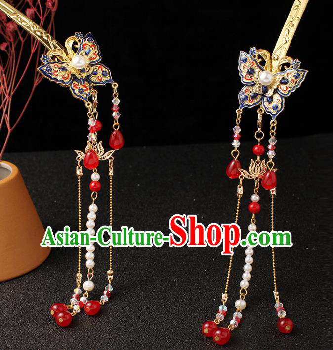 Traditional China Ancient Princess Tassel Hairpin Ming Dynasty Blueing Butterfly Hair Stick