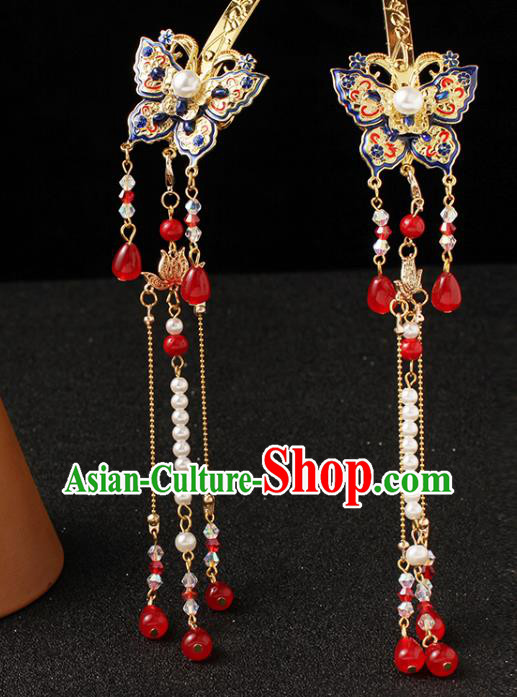 Traditional China Ancient Princess Tassel Hairpin Ming Dynasty Blueing Butterfly Hair Stick