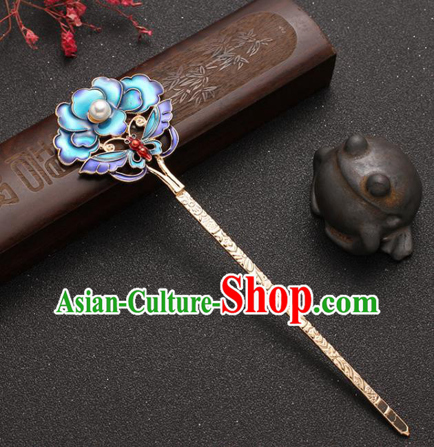 Traditional China Ancient Imperial Concubine Hairpin Ming Dynasty Blueing Peony Hair Stick
