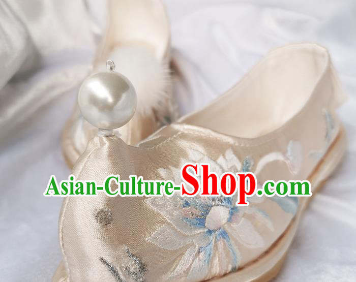 Handmade Chinese Light Golden Satin Bow Shoes Traditional Ming Dynasty Princess Shoes Embroidered Epiphyllum Shoes