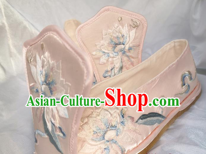 Handmade Chinese Embroidered Epiphyllum Pink Shoes Satin Shoes Traditional Han Dynasty Princess Shoes