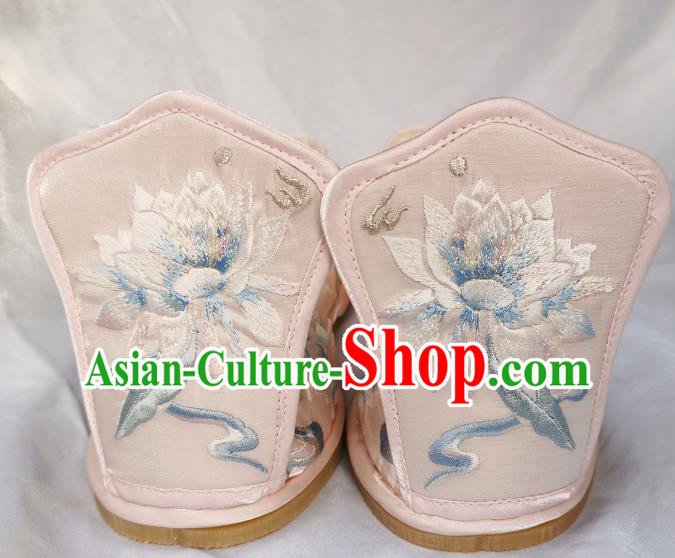 Handmade Chinese Embroidered Epiphyllum Pink Shoes Satin Shoes Traditional Han Dynasty Princess Shoes