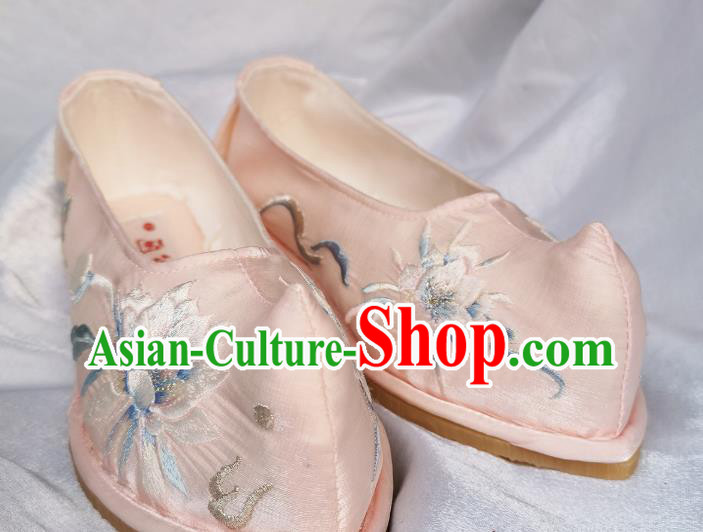 Handmade Chinese Pink Satin Shoes Traditional Ming Dynasty Princess Shoes Embroidered Epiphyllum Bow Shoes