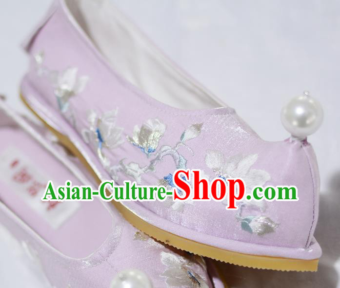 Handmade Chinese Traditional Hanfu Bow Shoes Ancient Princess Lilac Satin Shoes Embroidered Mangnolia Shoes