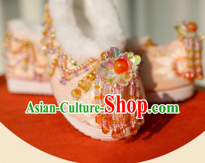 Handmade Chinese Traditional Hanfu Shoes Embroidered Shoes Ancient Princess Beads Tassel Shoes