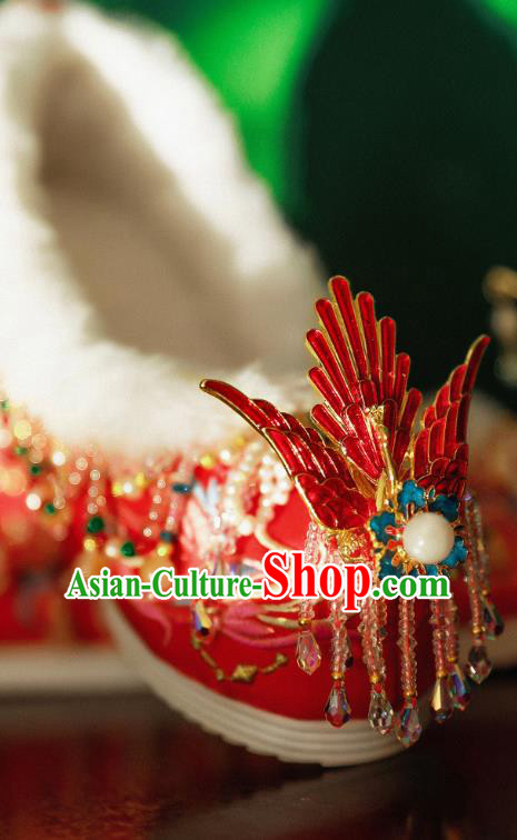 Handmade Chinese Beads Tassel Embroidered Shoes Ancient Princess Shoes Traditional Hanfu Enamel Phoenix Shoes