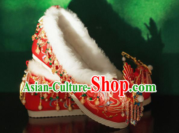 Handmade Chinese Beads Tassel Embroidered Shoes Ancient Princess Shoes Traditional Hanfu Enamel Phoenix Shoes