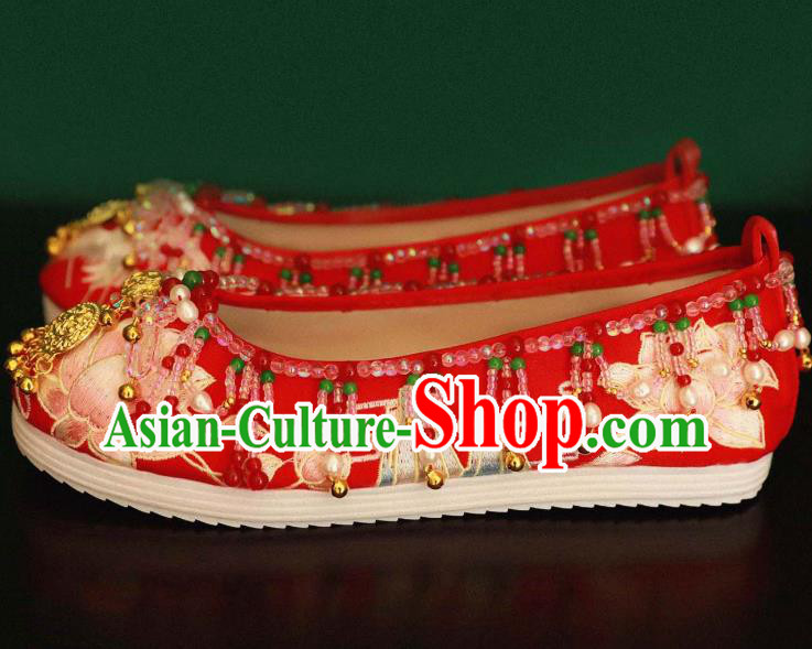 Handmade Chinese Embroidered Lotus Shoes Ancient Princess Red Shoes Traditional Hanfu Wedding Shoes