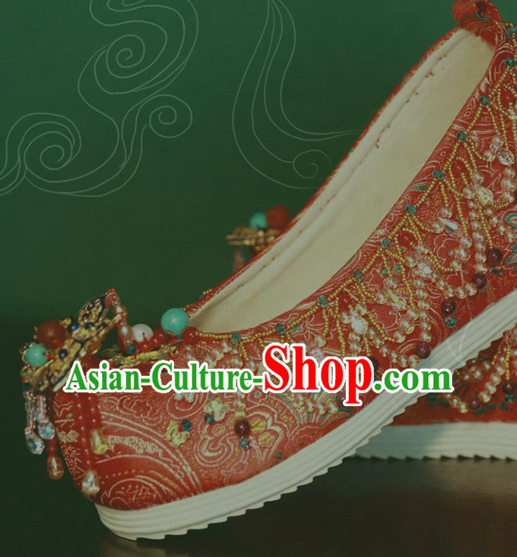 Handmade Chinese Traditional Hanfu Wedding Shoes Red Embroidered Shoes Ancient Princess Satin Shoes