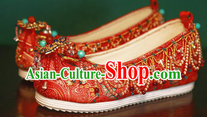 Handmade Chinese Traditional Hanfu Wedding Shoes Red Embroidered Shoes Ancient Princess Satin Shoes