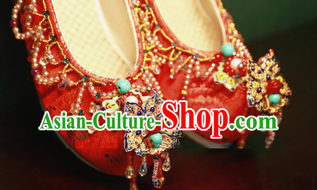 Handmade Chinese Traditional Hanfu Wedding Shoes Red Embroidered Shoes Ancient Princess Satin Shoes