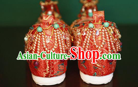 Handmade Chinese Traditional Hanfu Wedding Shoes Red Embroidered Shoes Ancient Princess Satin Shoes