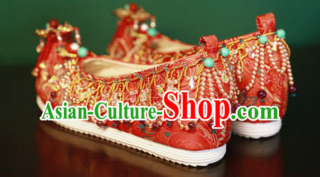 Handmade Chinese Traditional Hanfu Wedding Shoes Red Embroidered Shoes Ancient Princess Satin Shoes
