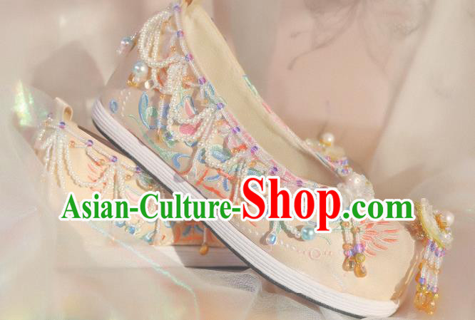 Handmade Chinese Traditional Hanfu Beads Tassel Shoes Ancient Princess Satin Shoes Beige Embroidered Shoes
