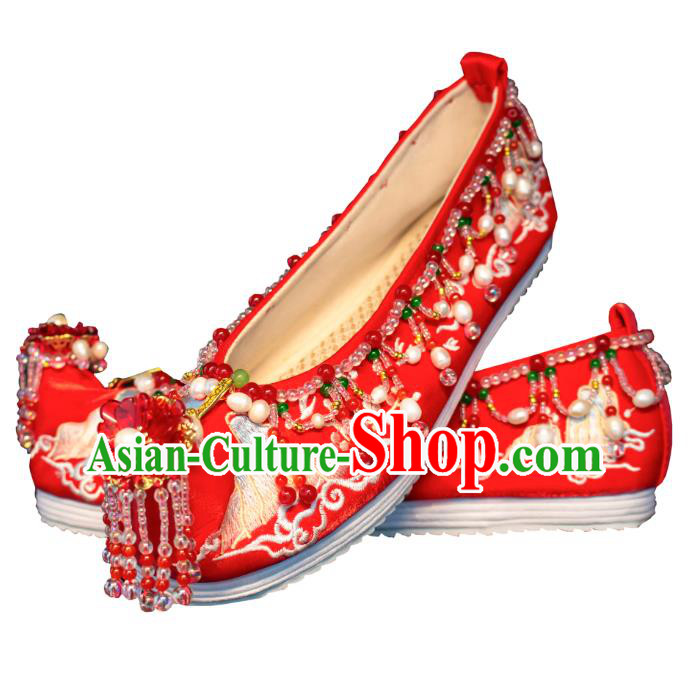 Chinese Bride Shoes Embroidered Shoes Handmade Red Shoes Traditional Red Beads Tassel Wedding Shoes