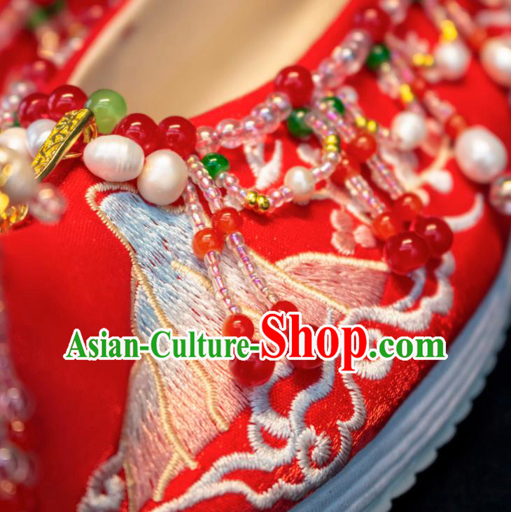 Chinese Bride Shoes Embroidered Shoes Handmade Red Shoes Traditional Red Beads Tassel Wedding Shoes