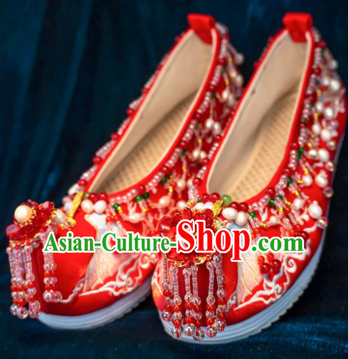 Chinese Bride Shoes Embroidered Shoes Handmade Red Shoes Traditional Red Beads Tassel Wedding Shoes